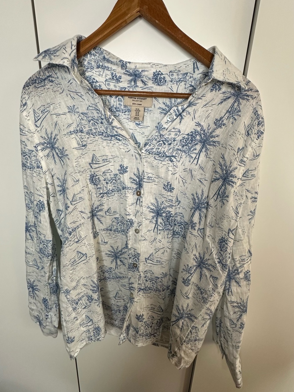 Martha Stewart 100% Linen Coastal Print Button Down Shirt Women’s M